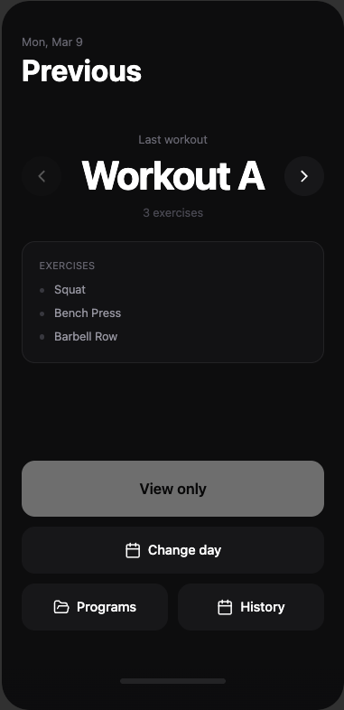 Workout home screen